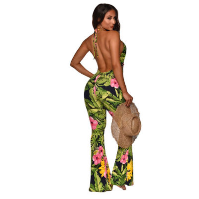 Τυπωμένη ενός κομματιού βαθιά φλόγα Backless Jumpsuit επιδέσμων Β Jumpsuits