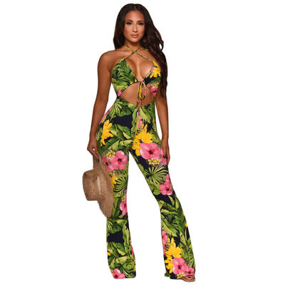 Τυπωμένη ενός κομματιού βαθιά φλόγα Backless Jumpsuit επιδέσμων Β Jumpsuits