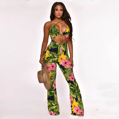Τυπωμένη ενός κομματιού βαθιά φλόγα Backless Jumpsuit επιδέσμων Β Jumpsuits