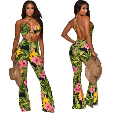 Τυπωμένη ενός κομματιού βαθιά φλόγα Backless Jumpsuit επιδέσμων Β Jumpsuits